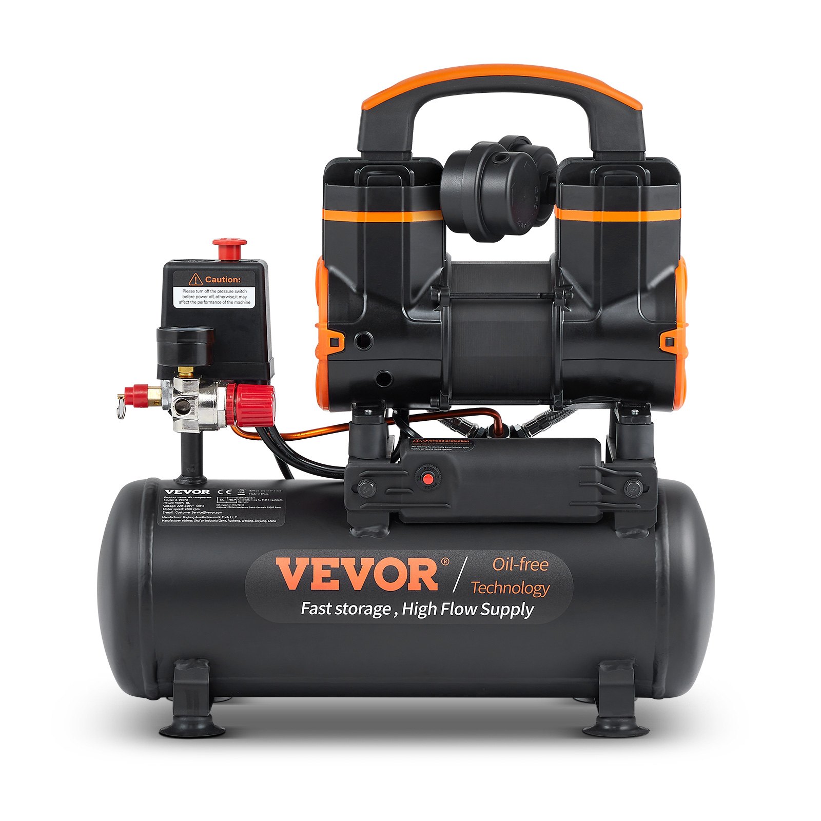 VEVOR Compressore d'Aria 8L Portatile Senza Olio Motore 900W Velocità 2800 giri/min per Aerografo Inchiodatura, Compressore d'Aria a Secco Portatile Rumore 70dB 2 Silenziatori Temperatura -50℃ - 40℃