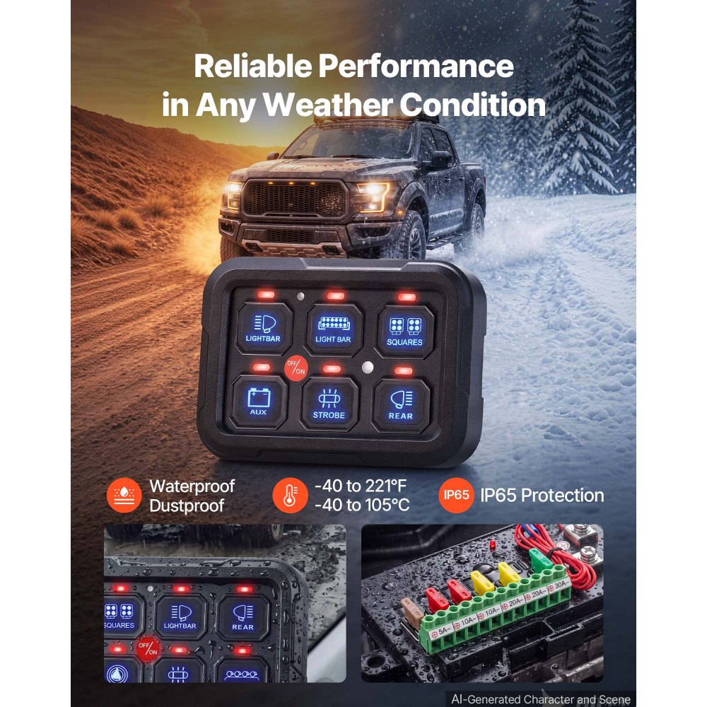 VEVOR Pannello Interruttori Controllo Circuito Fuoristrada RGB 6 Vie Auto Sistema di Controllo Relè 1440W 60A 12V-24V, Impermeabile, Pannello di Commutazione per Camion, Barche, ATV, UTV, SUV, Camper