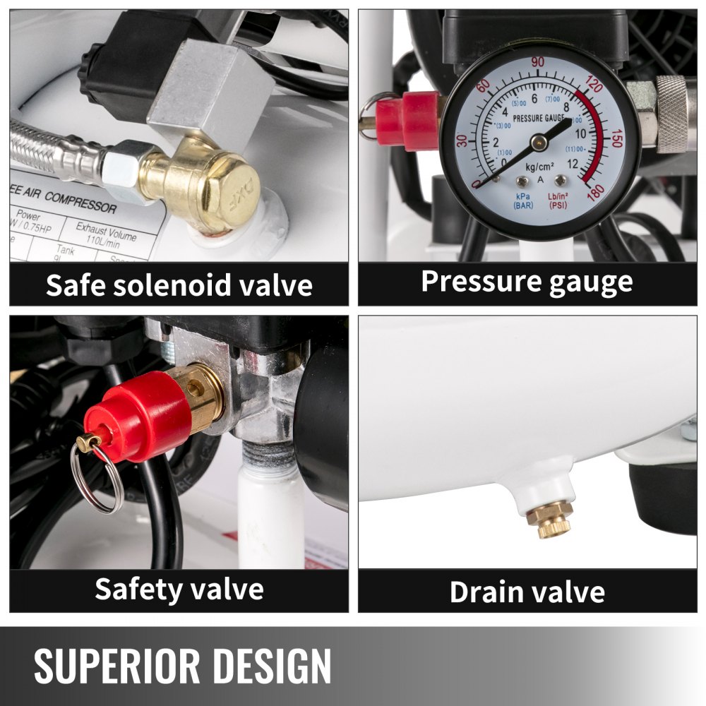 VEVOR Compressore Silenzioso 550W,  Compressore d'Aria Oil-free 9 L, Pressione 8 Bar, Compressore d'Aria Silenzioso 220V, Compressore Aria Portatile, Rumorosità: 58 dB, per Esigenze di Gonfiaggio