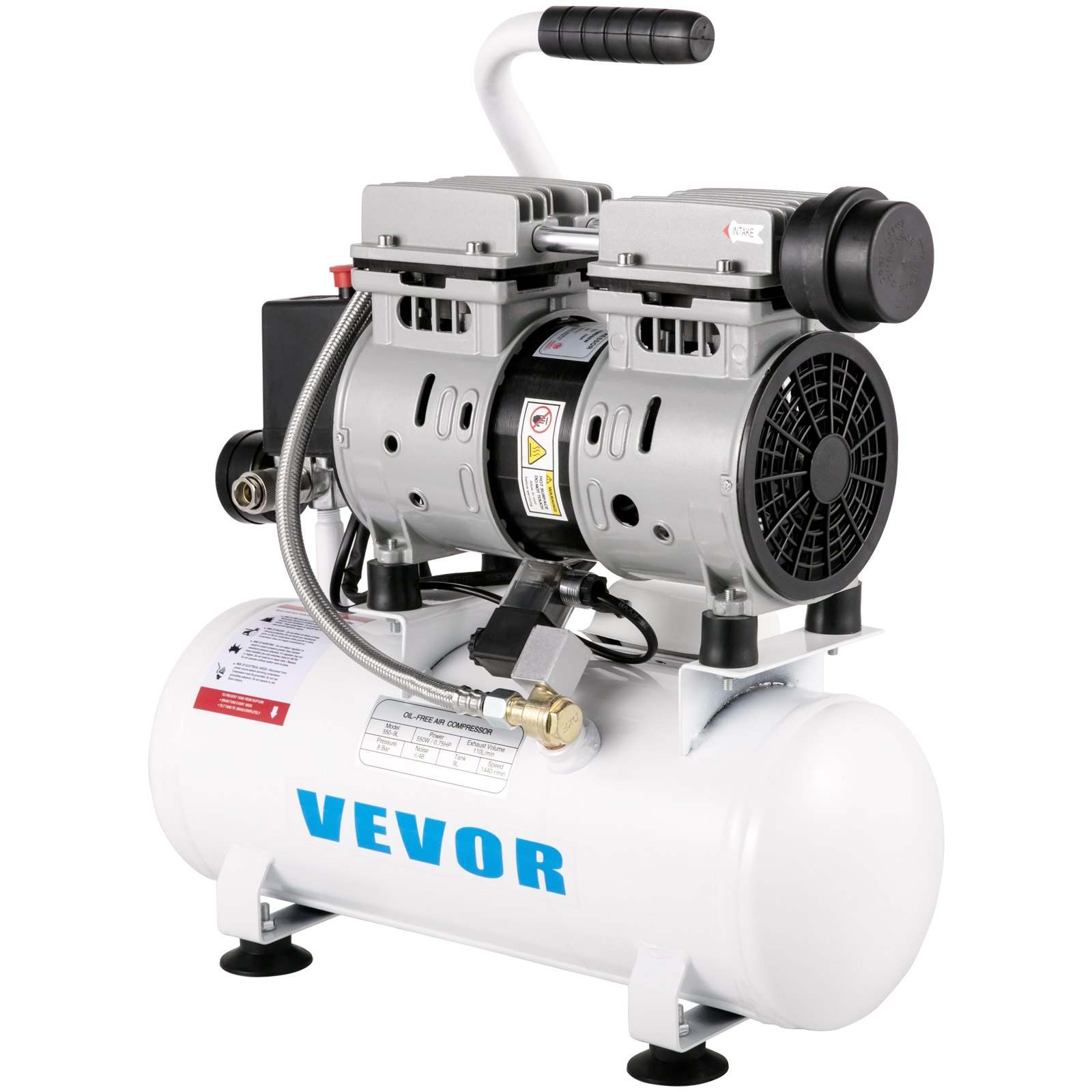 VEVOR Compressore Silenzioso 550W,  Compressore d'Aria Oil-free 9 L, Pressione 8 Bar, Compressore d'Aria Silenzioso 220V, Compressore Aria Portatile, Rumorosità: 58 dB, per Esigenze di Gonfiaggio