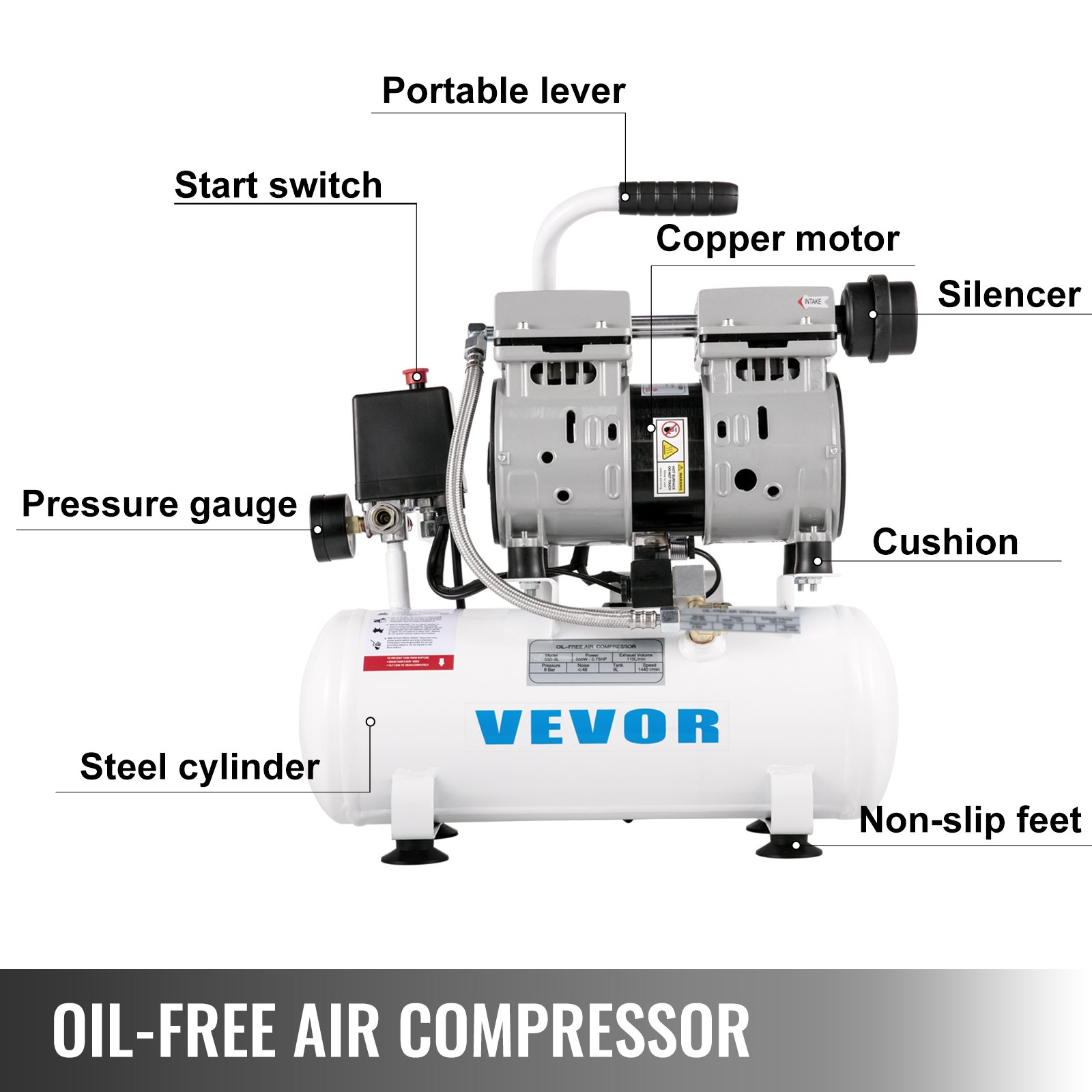 VEVOR Compressore Silenzioso 550W,  Compressore d'Aria Oil-free 9 L, Pressione 8 Bar, Compressore d'Aria Silenzioso 220V, Compressore Aria Portatile, Rumorosità: 58 dB, per Esigenze di Gonfiaggio