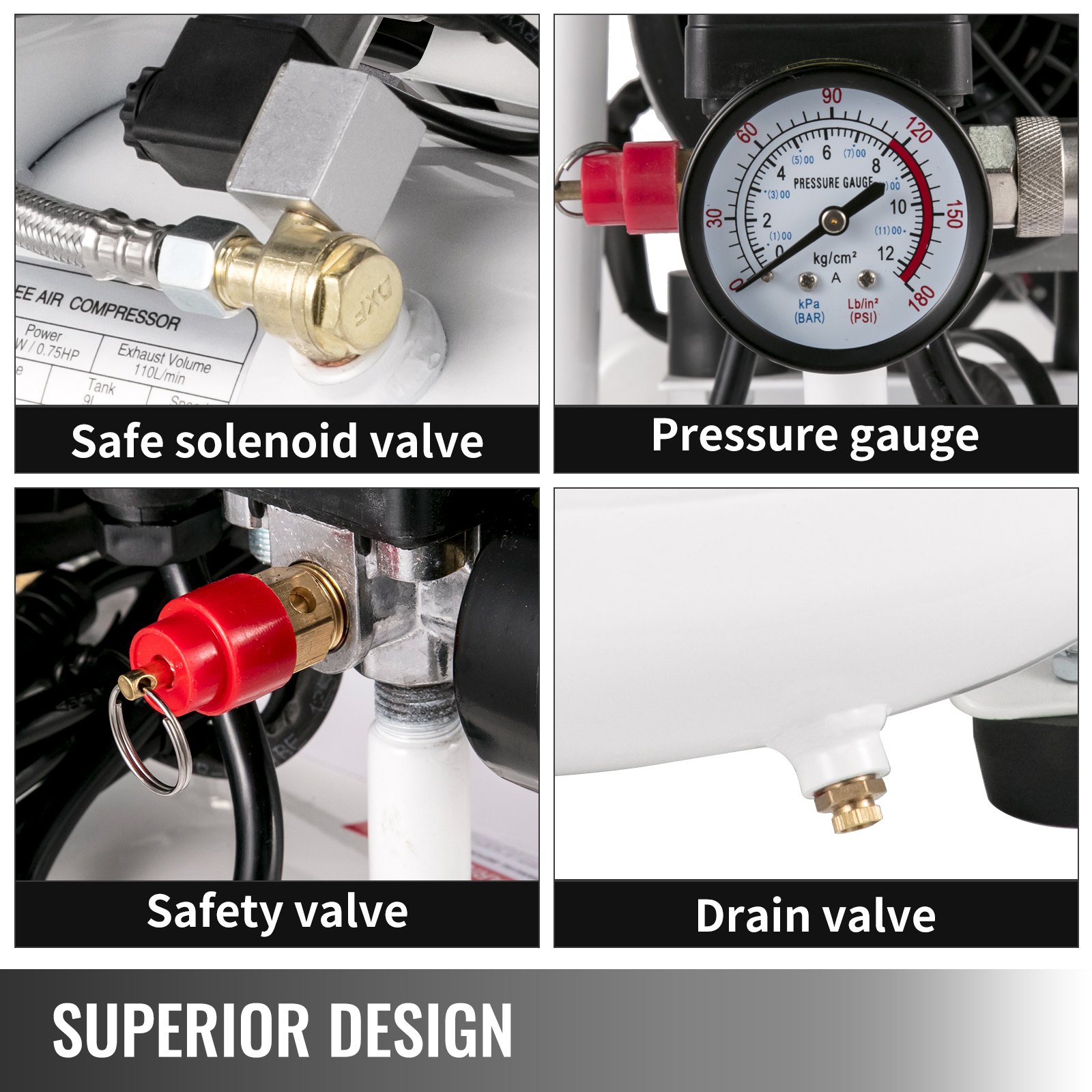 VEVOR Compressore Silenzioso 550W,  Compressore d'Aria Oil-free 9 L, Pressione 8 Bar, Compressore d'Aria Silenzioso 220V, Compressore Aria Portatile, Rumorosità: 58 dB, per Esigenze di Gonfiaggio