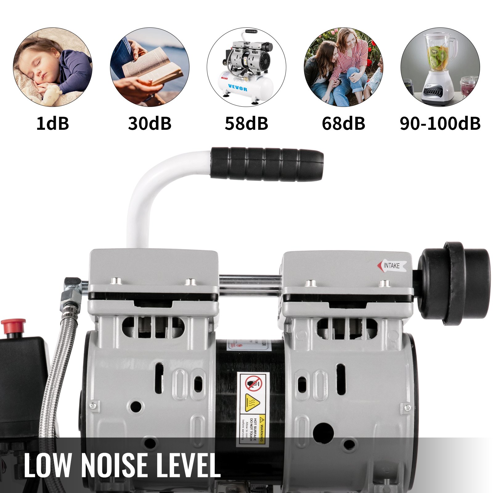 VEVOR Compressore Silenzioso 550W,  Compressore d'Aria Oil-free 9 L, Pressione 8 Bar, Compressore d'Aria Silenzioso 220V, Compressore Aria Portatile, Rumorosità: 58 dB, per Esigenze di Gonfiaggio