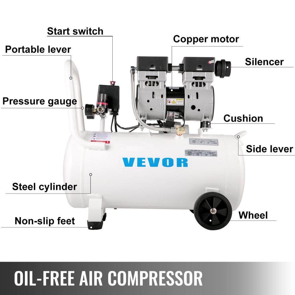 VEVOR Compressore Silenzioso 750W, Oil-free 25 L, Pressione 8 Bar
