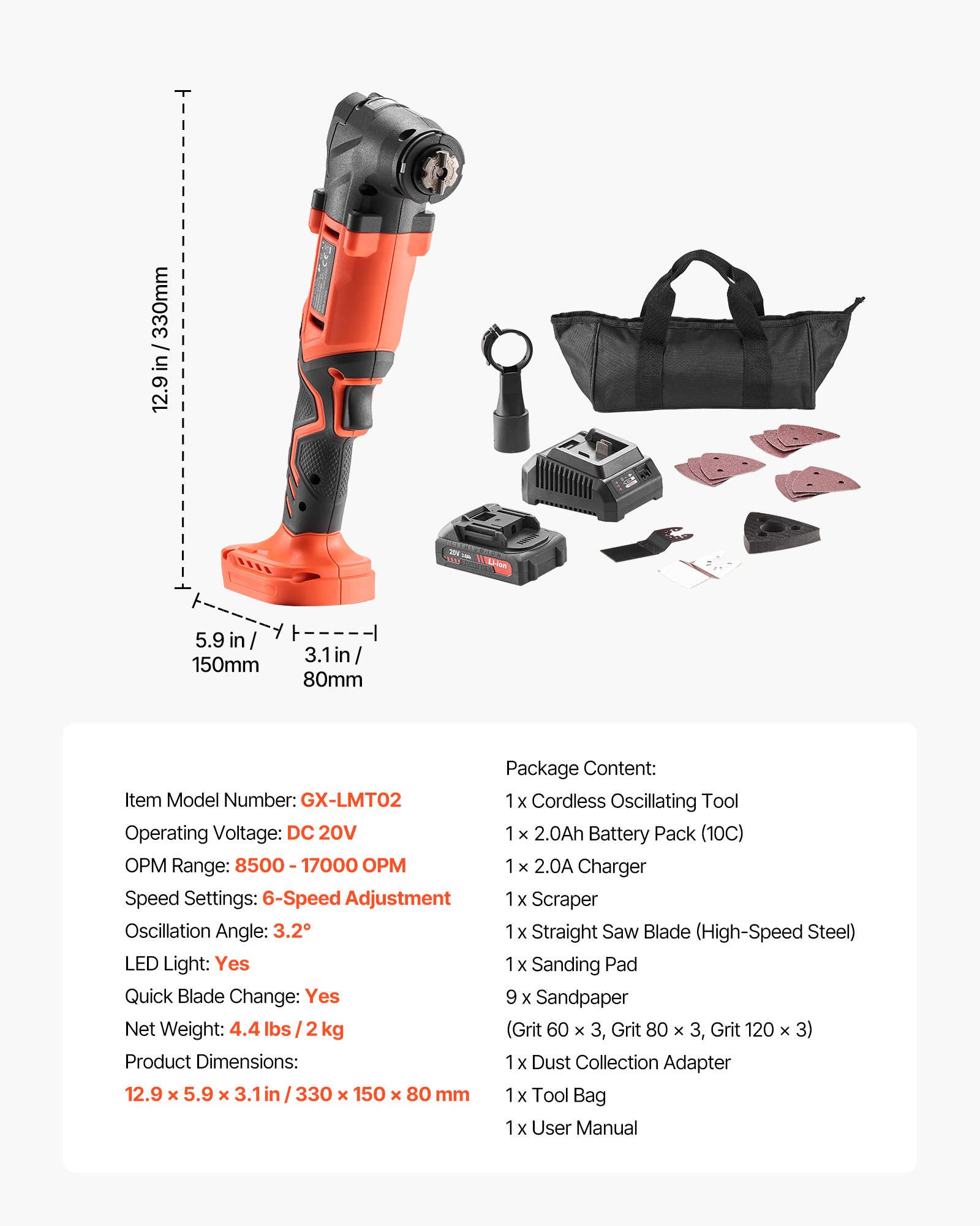 VEVOR Kit Utensile Oscillante Senza Fili, 20 V con 6 Velocità Variabili 8500 a 17000 OPM, Angolo di Oscillazione di 3,2°, Batteria e Caricabatteria da 2,0 Ah, con Luce di Lavoro a LED