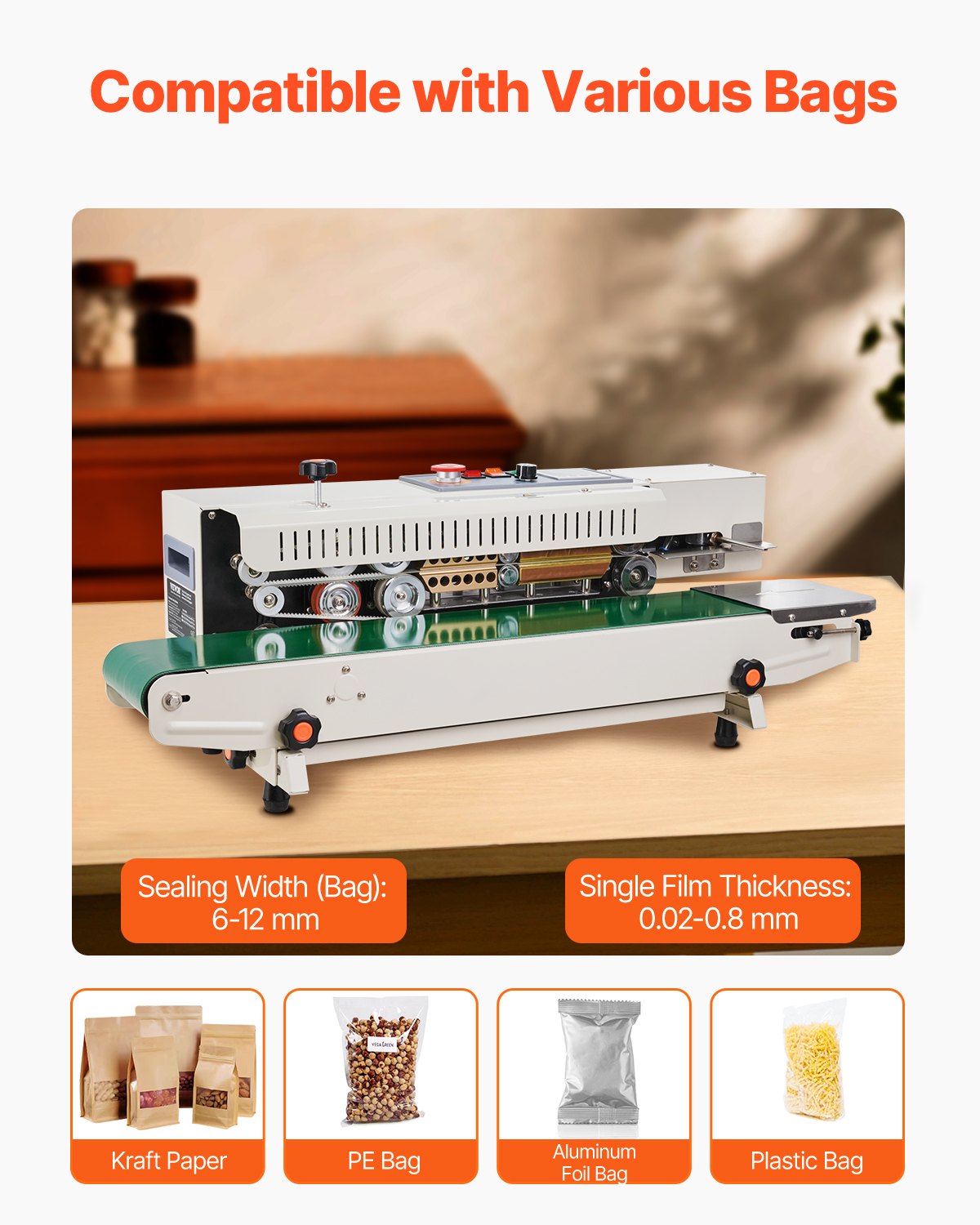 VEVOR Continuous Bag Sealing Machine, 0.24-0.47 inch/6-12 mm Sealing Width, Horizontal Band Sealing Machine with Digital Temperature Control, Bag Sealer for 0.02-0.8 mm Plastic Bags, Inflation Function
