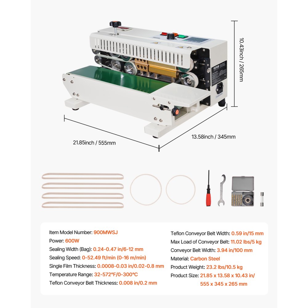 VEVOR Continuous Bag Sealing Machine, 0.24-0.47 inch/6-12 mm Sealing Width, Horizontal Band Sealing Machine with Digital Temperature Control, Bag Sealer for 0.02-0.8 mm Plastic Bags with Counting Function