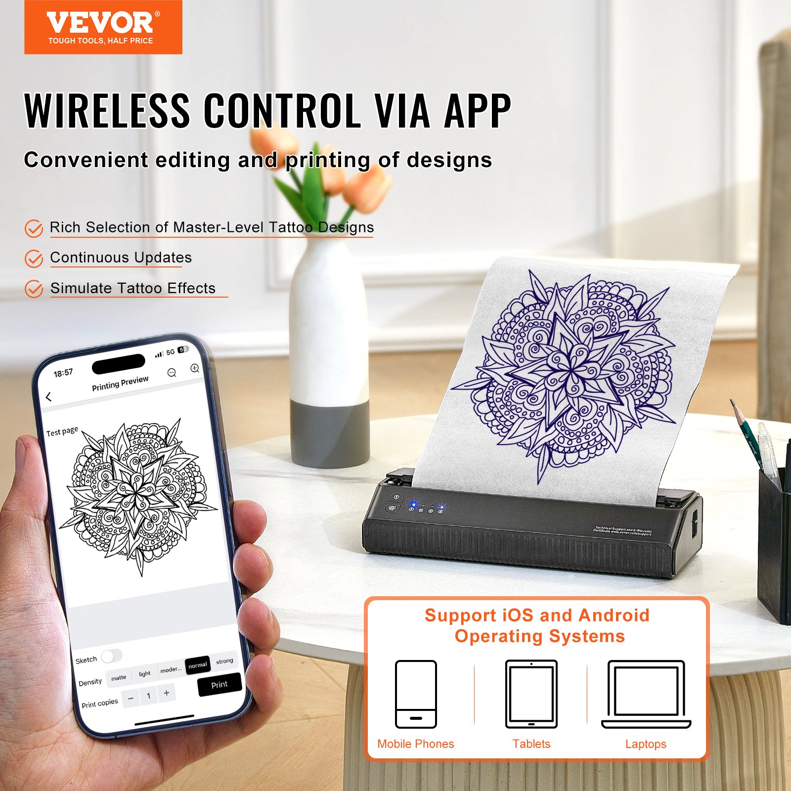 VEVOR Termocopiatrice per tatuaggi wireless Bluetooth, stampante per tatuaggi con 10 fogli, macchina per trasferimento tatuaggi, compatibile per telefoni iOS e Android, iPad e PC (con custodia)