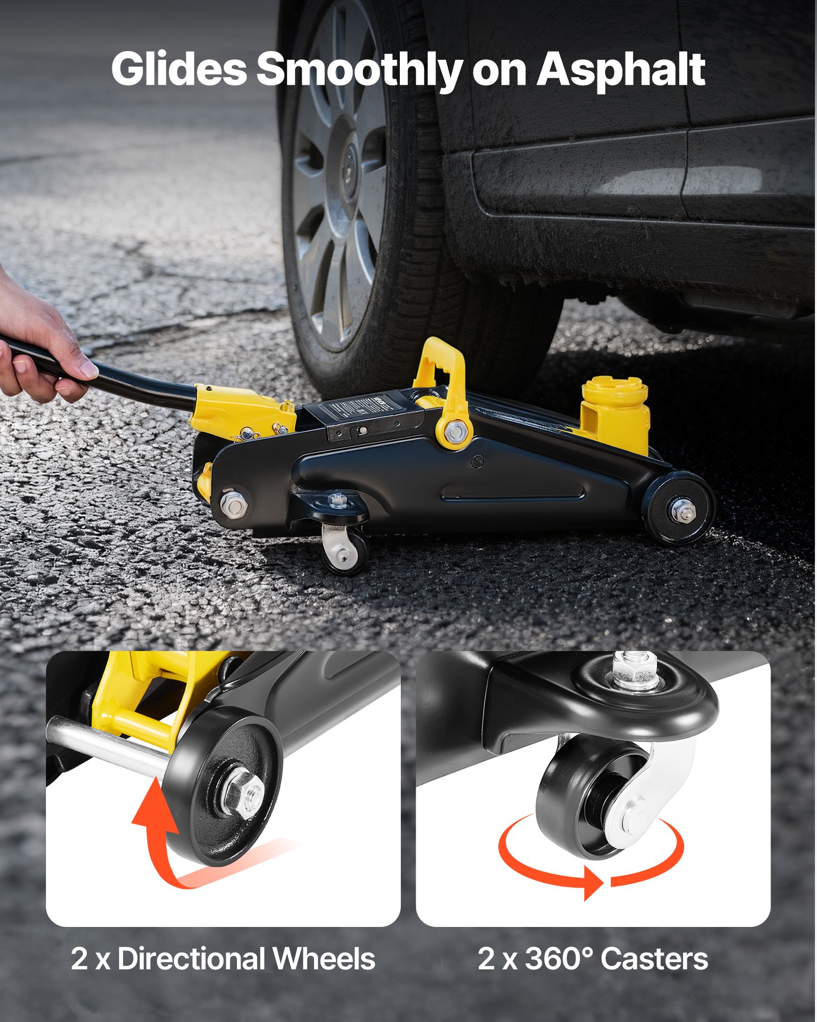 VEVOR Cric da Pavimento a Basso Profilo Capacita di 2 t, Cric da Pavimento da Corsa in Acciaio con Supporti, Pompa a Sollevamento Rapido a Pistone Singolo, per Carrelli per SUV Compatti
