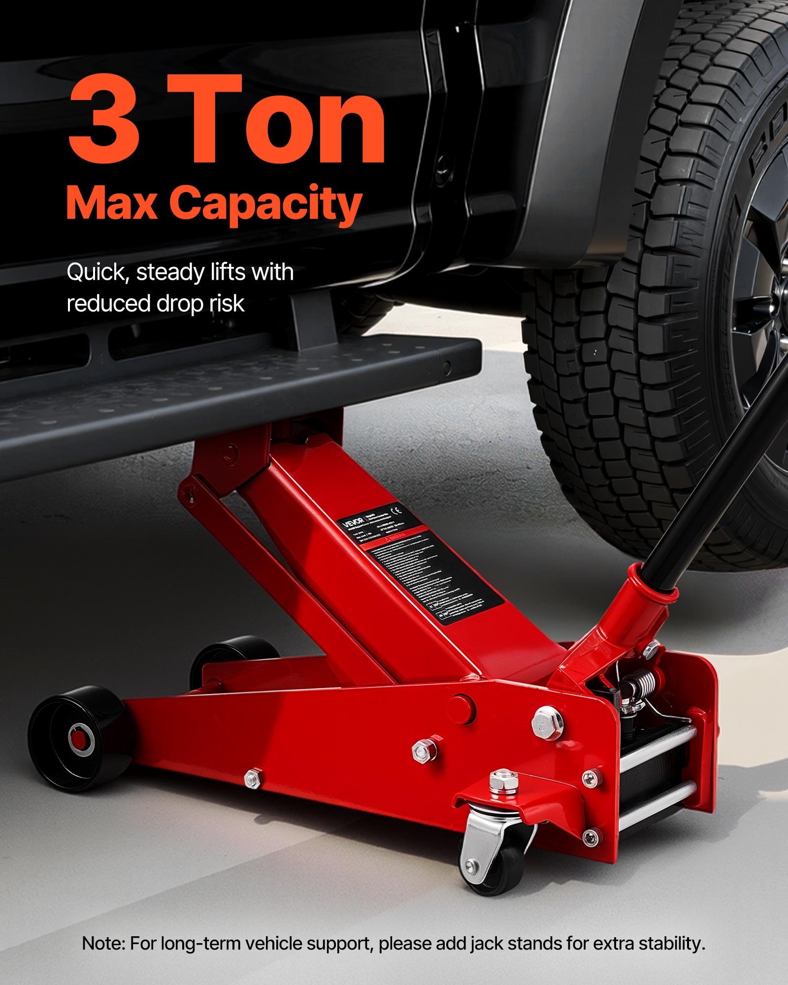 VEVOR Cric Idraulico a Carrello 3 Tonnellate a Basso Profilo, Cric Idraulico da Pavimento in Acciaio, a Pistone Singolo, Altezza di Sollevamento 130-500 mm, per Auto Sportivo, Berline, SUV e Pick-up