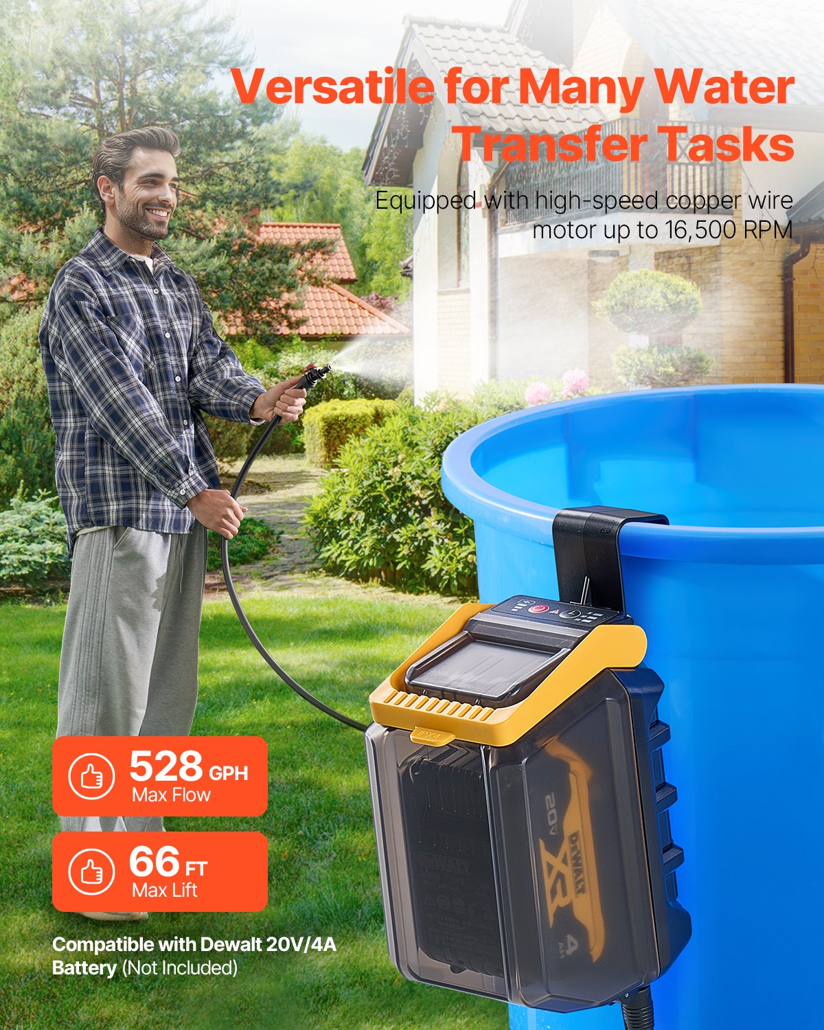 VEVOR Pompa di Trasferimento dell'Acqua Sommergibile Senza Fili, 2000 L/H, Pompa di Sentina Portatile con Tubo da Giardino NPT 19 mm 20 V MAX (Senza Batteria) per Piscina Giardino Stagno