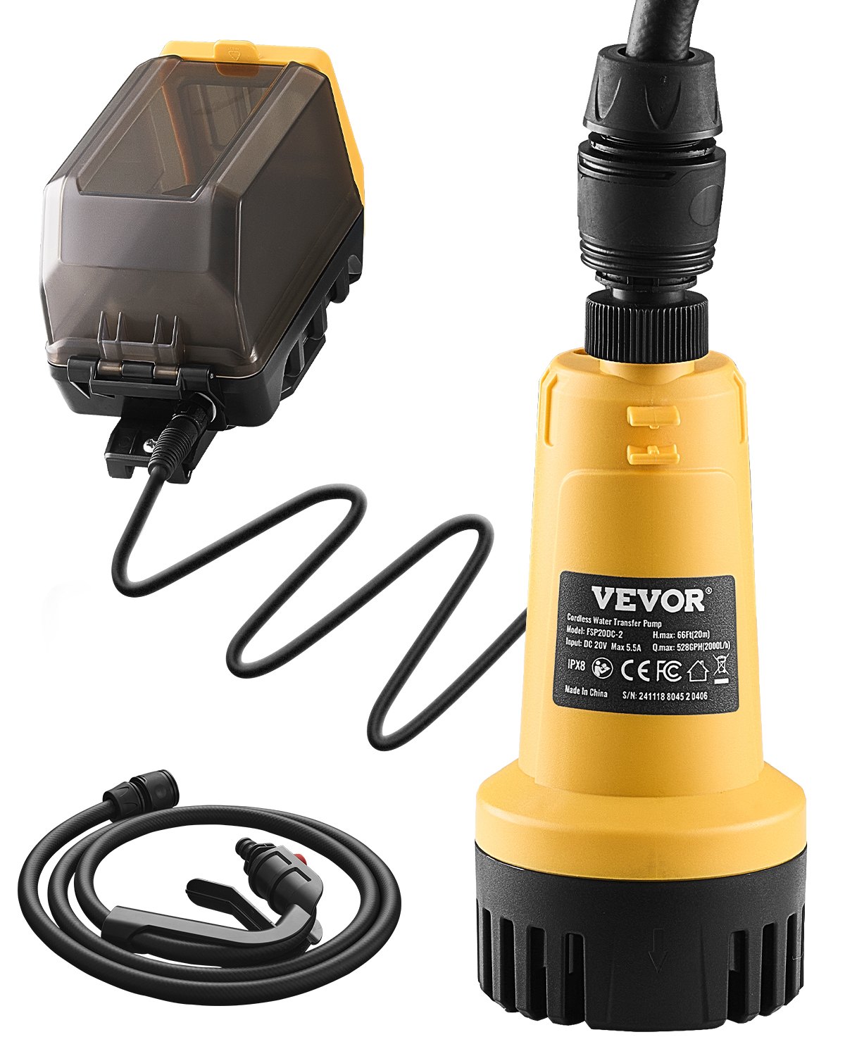 VEVOR Pompa di Trasferimento dell'Acqua Sommergibile Senza Fili, 2000 L/H, Pompa di Sentina Portatile con Tubo da Giardino NPT 19 mm 20 V MAX (Senza Batteria) per Piscina Giardino Stagno