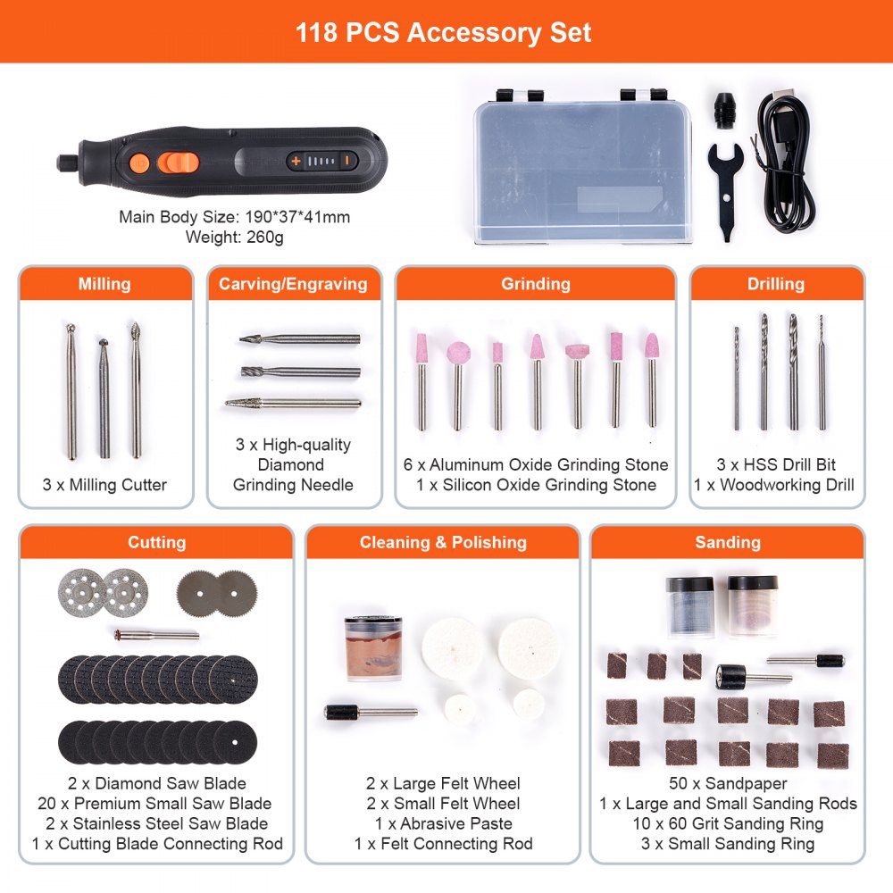 VEVOR Kit di Utensili Rotanti Senza Cavo 181 Pezzi Portatile 5000-25000 giri/min per Smerigliatura Levigatura Perforazione Taglio, Kit Multiutesile Rotante per Taglio Incisione Lucidatura 5 Velocità