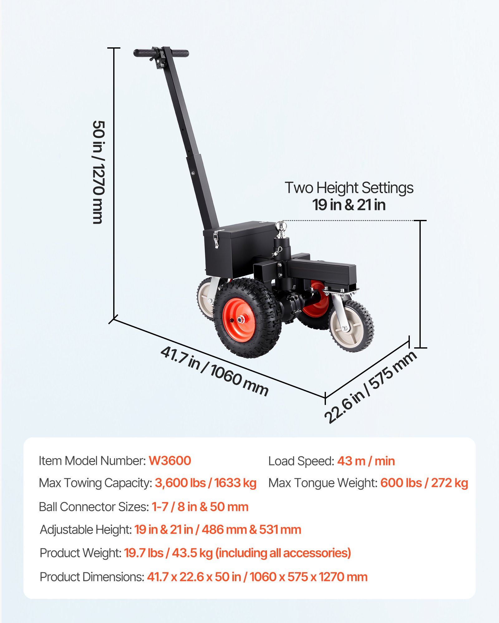 VEVOR Carrello Elettrico per Rimorchio 24 V 200 W, Carico Sfera Max. 272 kg, Carrello Spostamento Rimorchio Fino a 1633 kg, Adattatori per Sfera da 47,6 e 50,8 mm Regolabile per Camper Barche Canoe