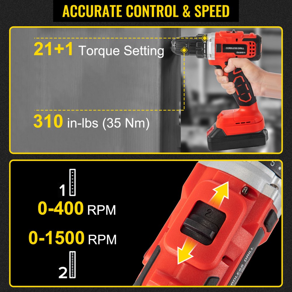 Vevor Trapano Avvitatore Kit 20v 2,0ah 35nm Velocità 1500/3000/4900 Rpm 4pz