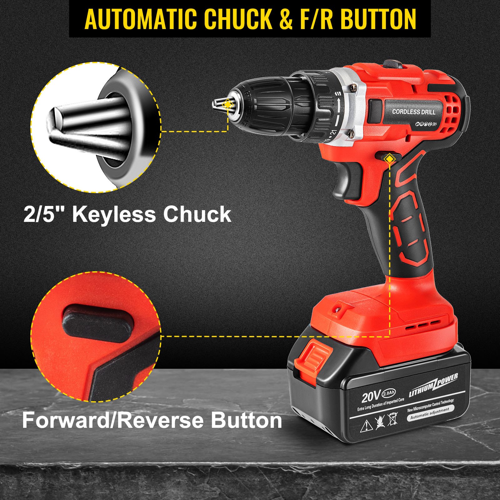 VEVOR Trapano Avvitatore Batteria a Percussione, 20V 35Nm Avvitatore a Batteria, Velocità 1500 giri/min Trapano Elettrico con Percussione,  2Ah Trapano Avvitatore a Percussione Brushless, Rosso/Nero