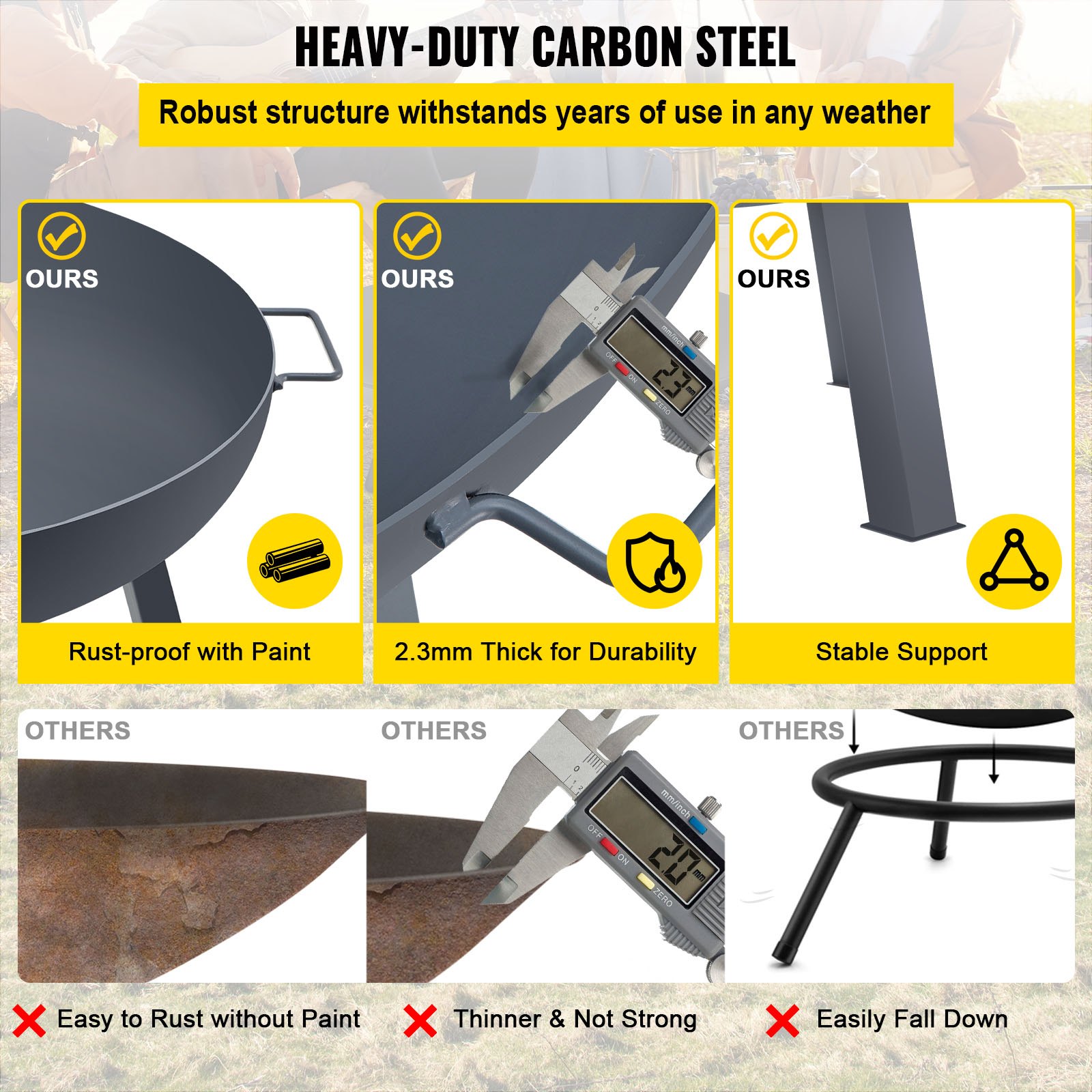 VEVOR Braciere Ciotola Rotonda in Acciaio al Carbonio del Fuoco per Giardino Campeggio Cortile Spiaggia Diametro 85cm, Ciotola 85cm del Braciere da Esterno in Acciaio Profondità 23cm per BBQ Campeggio