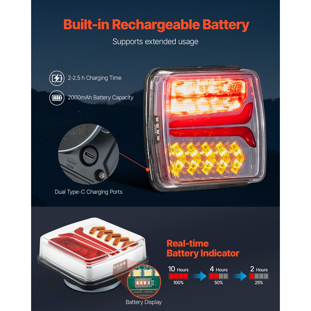 VEVOR Luci per Rimorchio, Kit di 2 Luci Posteriori Magnetiche Senza Fili a LED Quadrate da 12 V con Stop, Freno, Luce di Retromarcia, Targa, Kit di Illuminazione Impermeabile per Barca, Camion