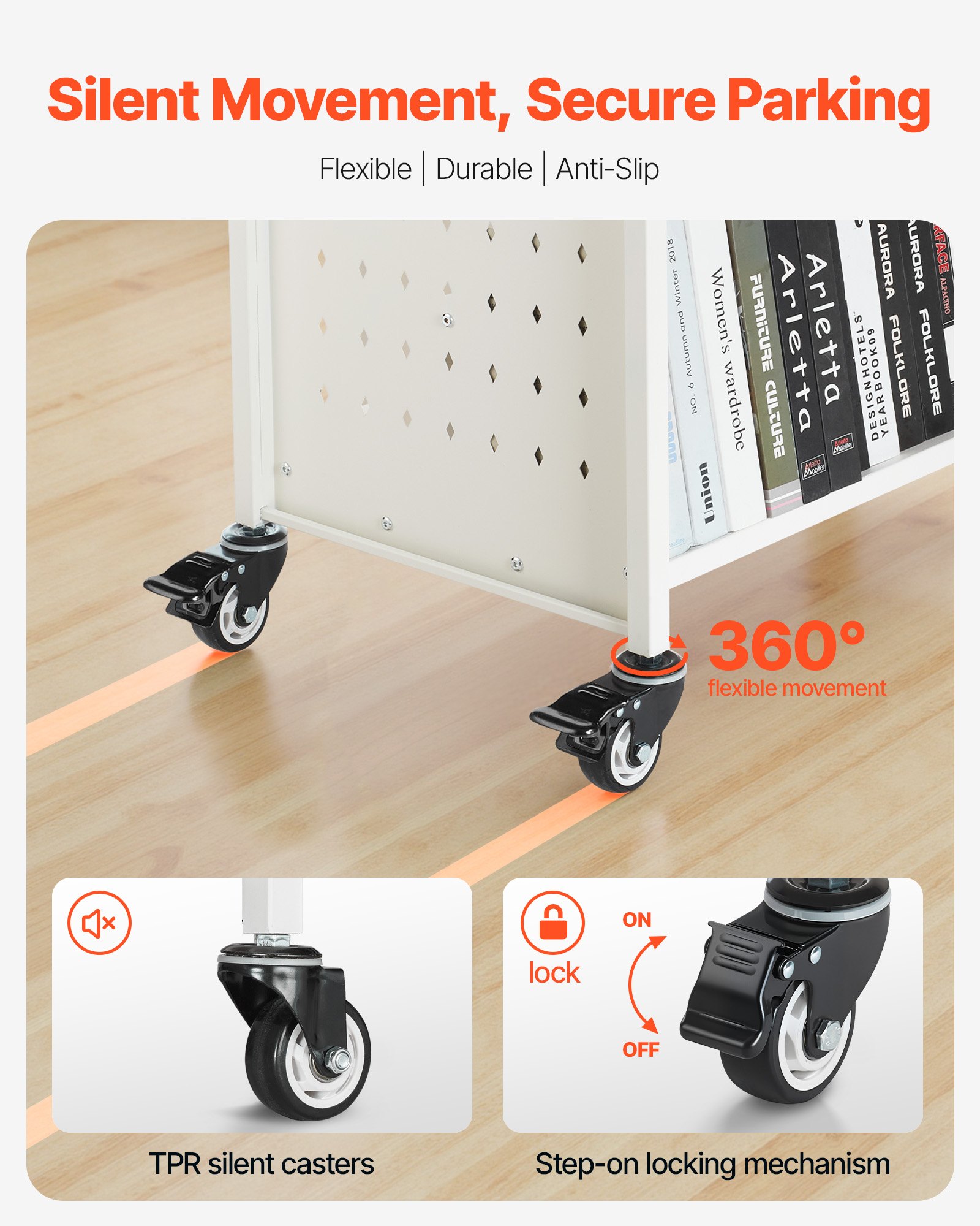 VEVOR Carrello Portalibri con Ruote 970 x 515 x 1225 mm Carrello Rotante Porta Libri, Carico 150 kg Ripiani a W Bifacciali con Ruote Bloccabili 7,6 cm per Scaffali di Casa, Ufficio e Scuola, Bianco