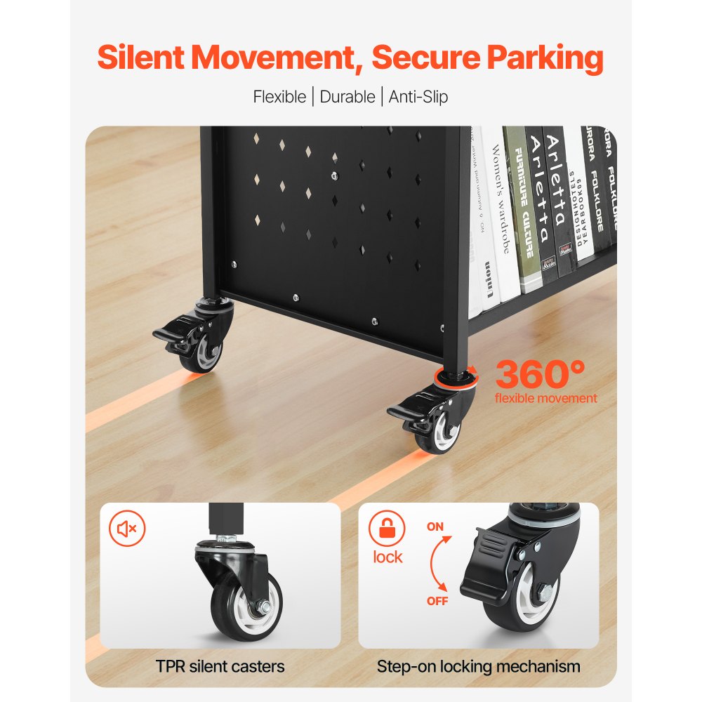 VEVOR Carrello Portalibri con Ruote 970 x 515 x 1225 mm Carrello Rotante Porta Libri, Carico 150 kg Ripiani a W Bifacciali con Ruote Bloccabili 7,6 cm per Scaffali di Casa, Ufficio e Scuola, Nero