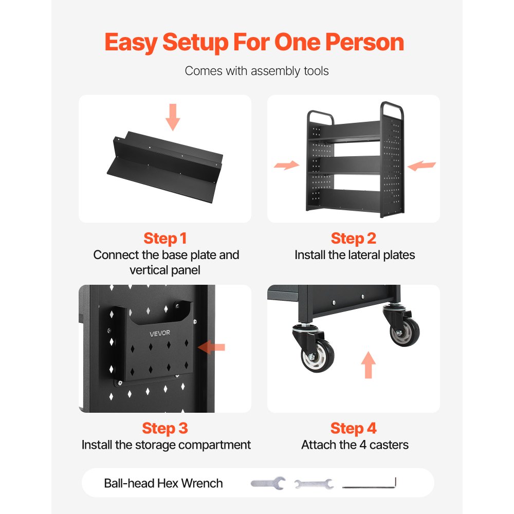 VEVOR Carrello Portalibri con Ruote 970 x 515 x 1225 mm Carrello Rotante Porta Libri, Carico 150 kg Ripiani a W Bifacciali con Ruote Bloccabili 7,6 cm per Scaffali di Casa, Ufficio e Scuola, Nero