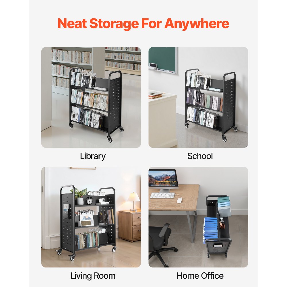 VEVOR Carrello Portalibri con Ruote 970 x 515 x 1225 mm Carrello Rotante Porta Libri, Carico 150 kg Ripiani a W Bifacciali con Ruote Bloccabili 7,6 cm per Scaffali di Casa, Ufficio e Scuola, Nero