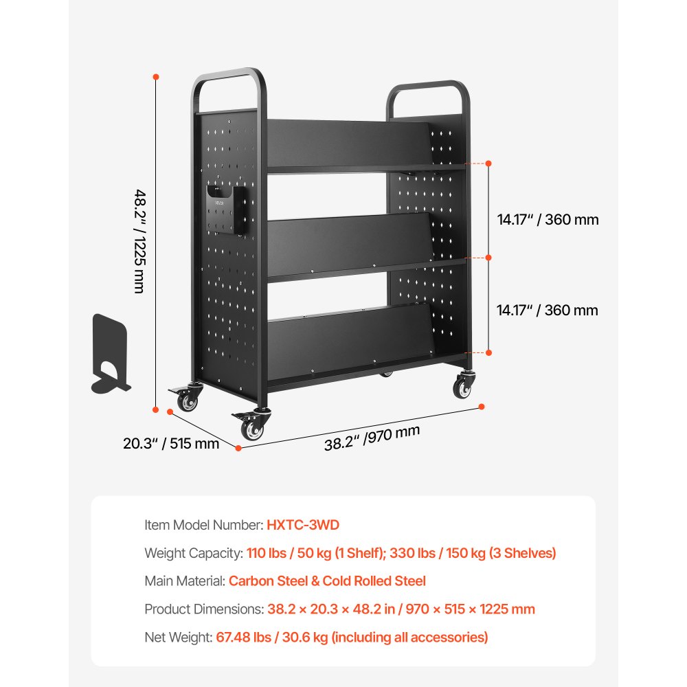 VEVOR Carrello Portalibri con Ruote 970 x 515 x 1225 mm Carrello Rotante Porta Libri, Carico 150 kg Ripiani a W Bifacciali con Ruote Bloccabili 7,6 cm per Scaffali di Casa, Ufficio e Scuola, Nero