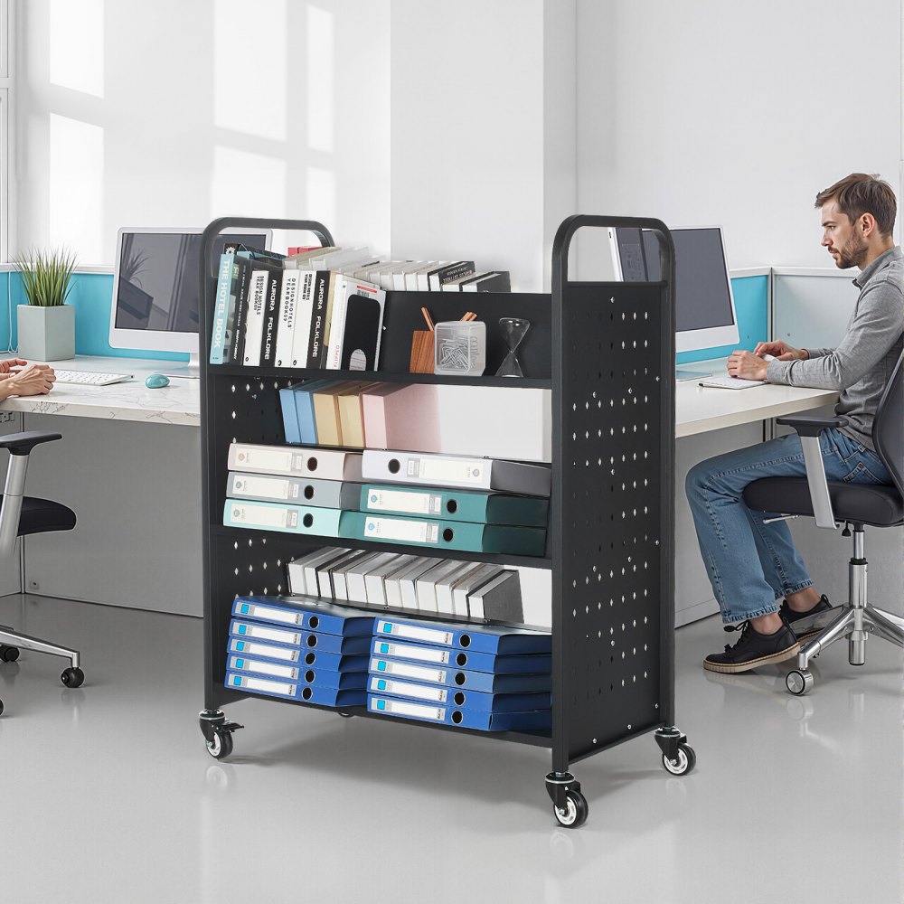 VEVOR Carrello Portalibri con Ruote 970 x 515 x 1225 mm Carrello Rotante Porta Libri, Carico 150 kg Ripiani a W Bifacciali con Ruote Bloccabili 7,6 cm per Scaffali di Casa, Ufficio e Scuola, Nero