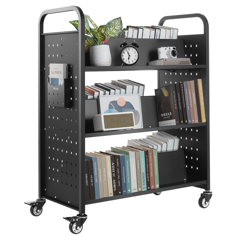 VEVOR Carrello Portalibri con Ruote 970 x 515 x 1225 mm Carrello Rotante Porta Libri, Carico 150 kg Ripiani a W Bifacciali con Ruote Bloccabili 7,6 cm per Scaffali di Casa, Ufficio e Scuola, Nero