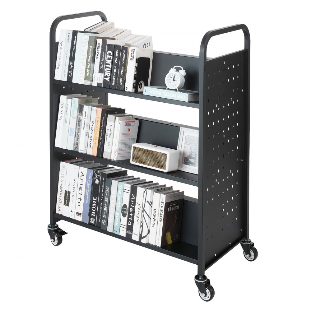 VEVOR Carrello Portalibri con Ruote 970 x 515 x 1225 mm Carrello Rotante Porta Libri, Carico 150 kg Ripiani a W Bifacciali con Ruote Bloccabili 7,6 cm per Scaffali di Casa, Ufficio e Scuola, Nero