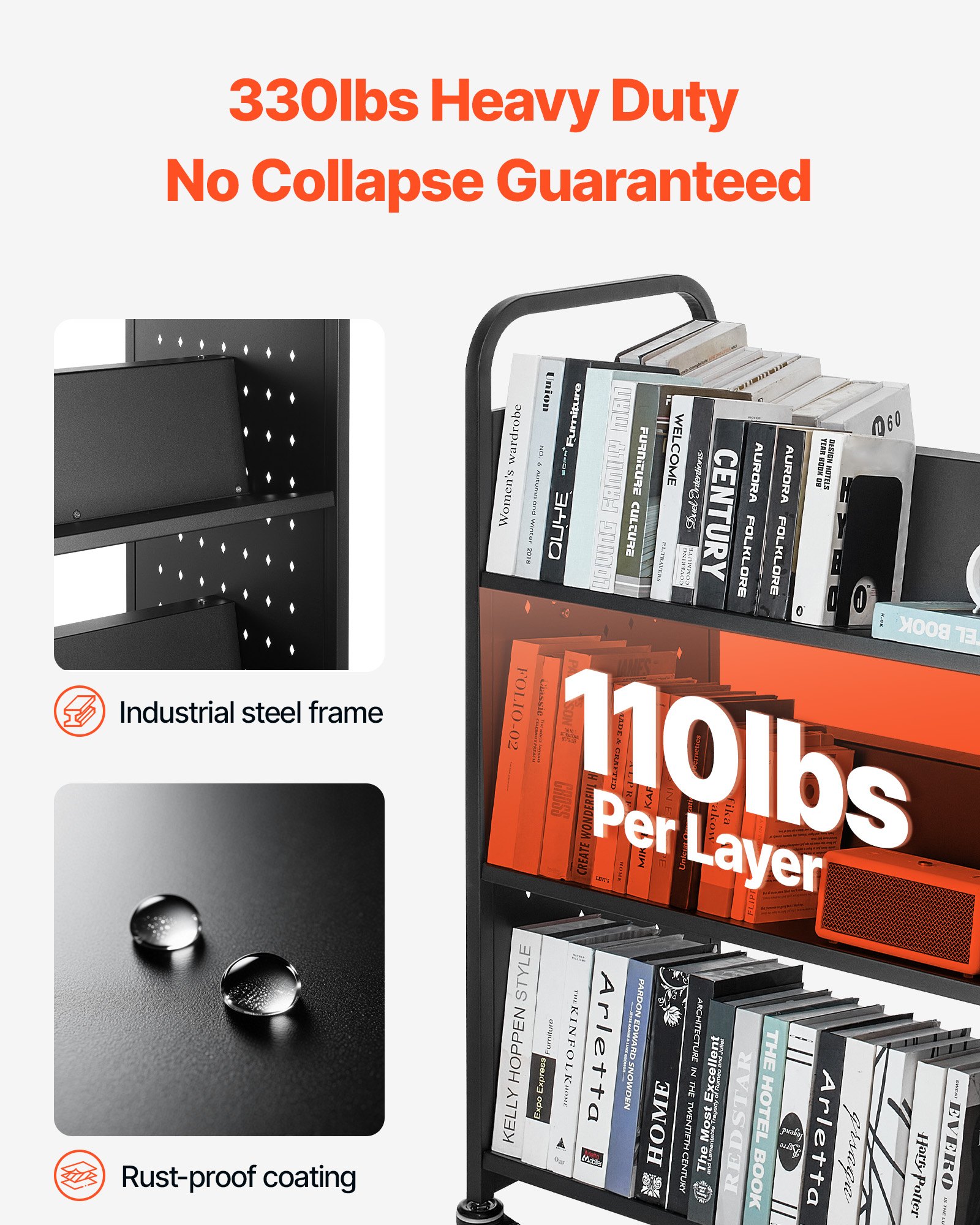 VEVOR Carrello Portalibri con Ruote 970 x 515 x 1225 mm Carrello Rotante Porta Libri, Carico 150 kg Ripiani a W Bifacciali con Ruote Bloccabili 7,6 cm per Scaffali di Casa, Ufficio e Scuola, Nero