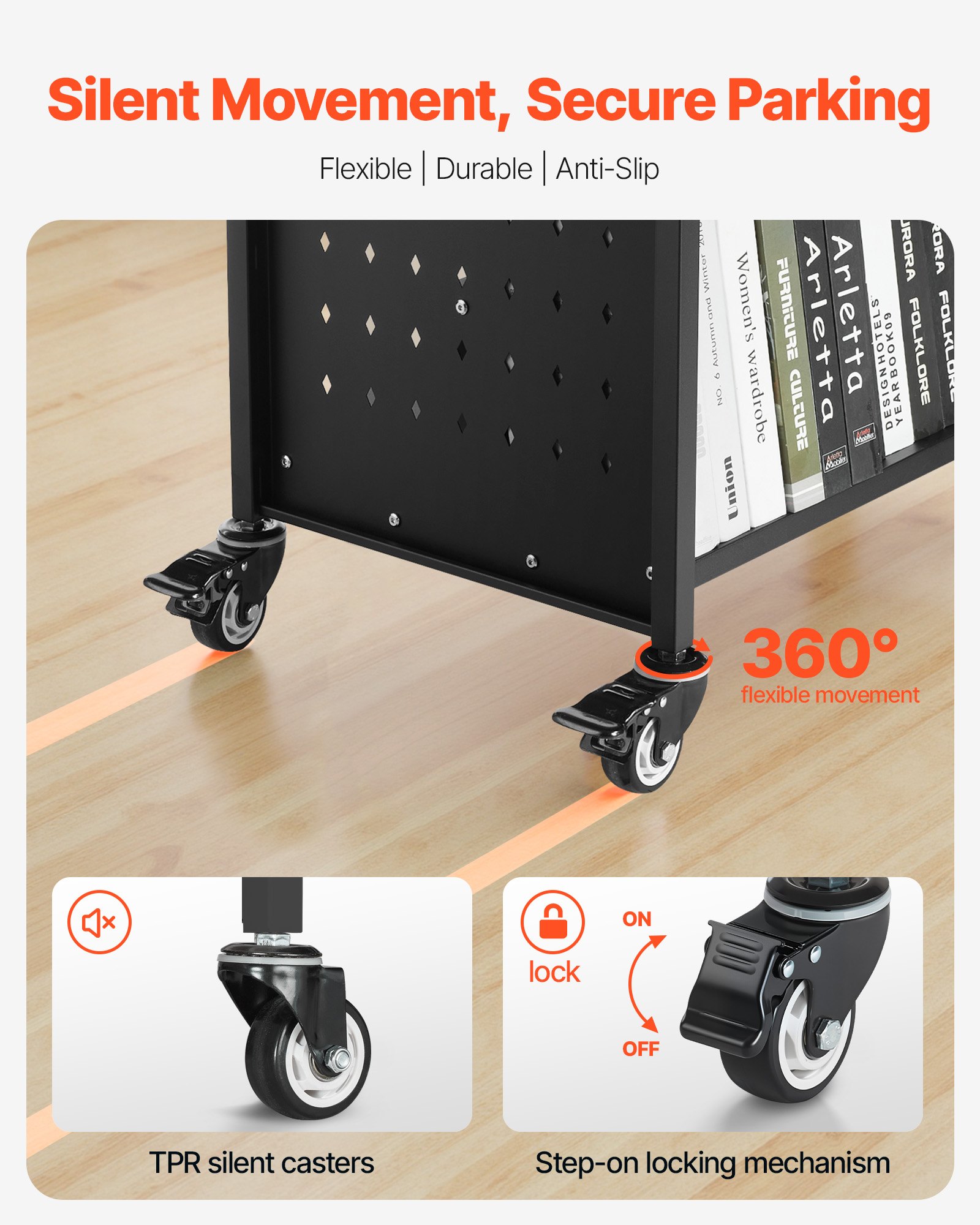 VEVOR Carrello Portalibri con Ruote 970 x 515 x 1225 mm Carrello Rotante Porta Libri, Carico 150 kg Ripiani a W Bifacciali con Ruote Bloccabili 7,6 cm per Scaffali di Casa, Ufficio e Scuola, Nero