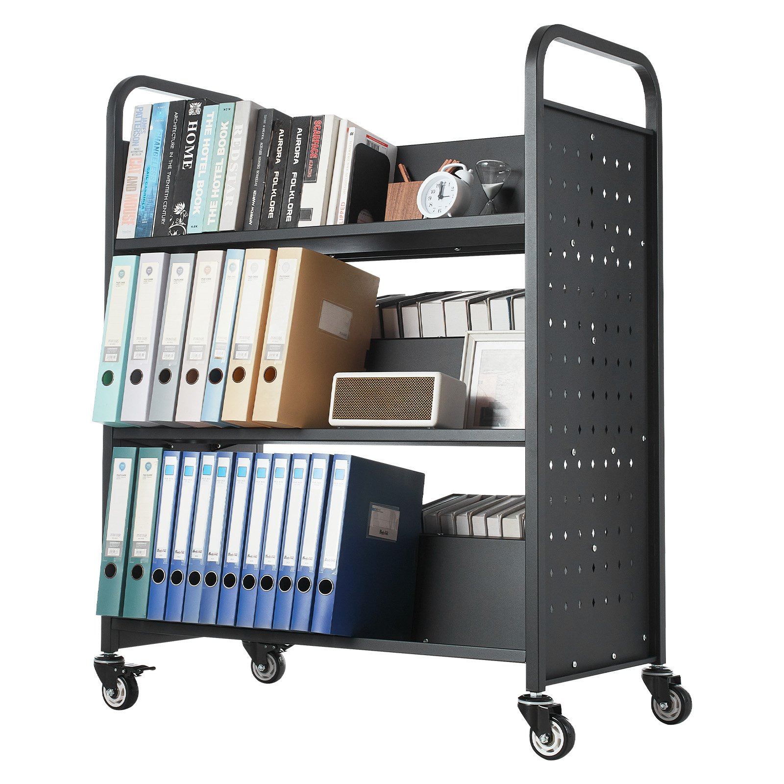 VEVOR Carrello Portalibri con Ruote 970 x 515 x 1225 mm Carrello Rotante Porta Libri, Carico 150 kg Ripiani a W Bifacciali con Ruote Bloccabili 7,6 cm per Scaffali di Casa, Ufficio e Scuola, Nero