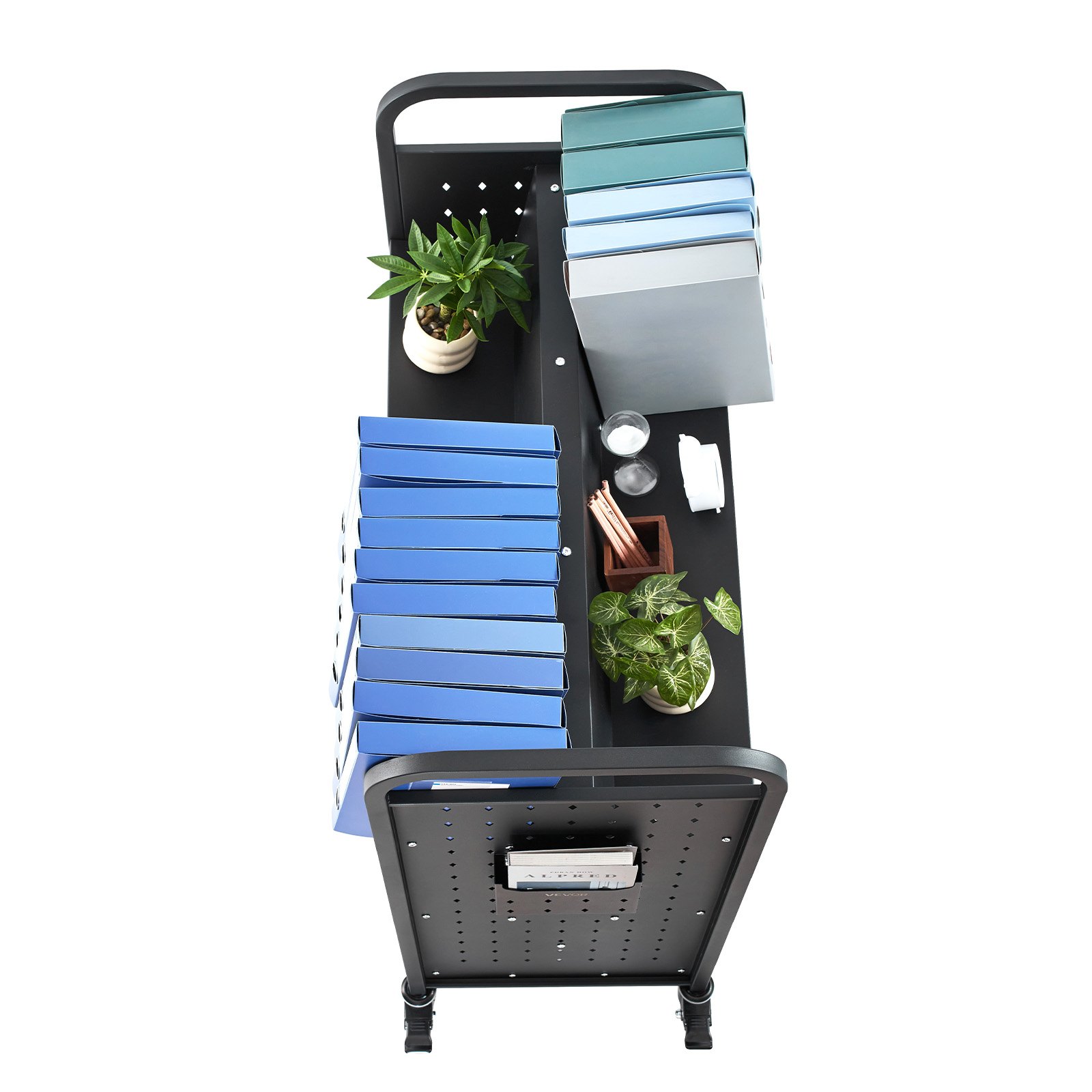 VEVOR Carrello Portalibri con Ruote 970 x 515 x 1225 mm Carrello Rotante Porta Libri, Carico 150 kg Ripiani a W Bifacciali con Ruote Bloccabili 7,6 cm per Scaffali di Casa, Ufficio e Scuola, Nero