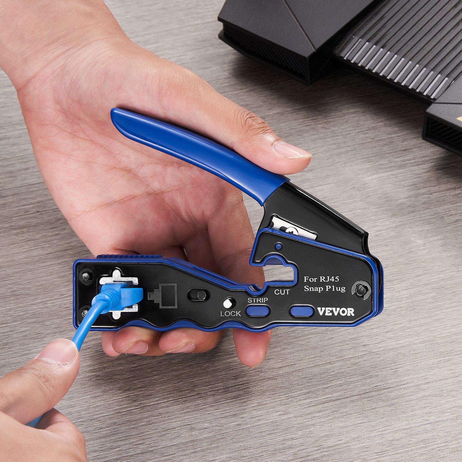 VEVOR Pinza Crimpatrice RJ45 Kit di Strumento a Crimpare per Ethernet Cat5e/Cat6/Cat6a, Pinza Cavo di Rete 26AWG 24AWG 23AWG 8 Pin Spine Modulari con 20 Coperture Connettore Spelafili Tester di Rete