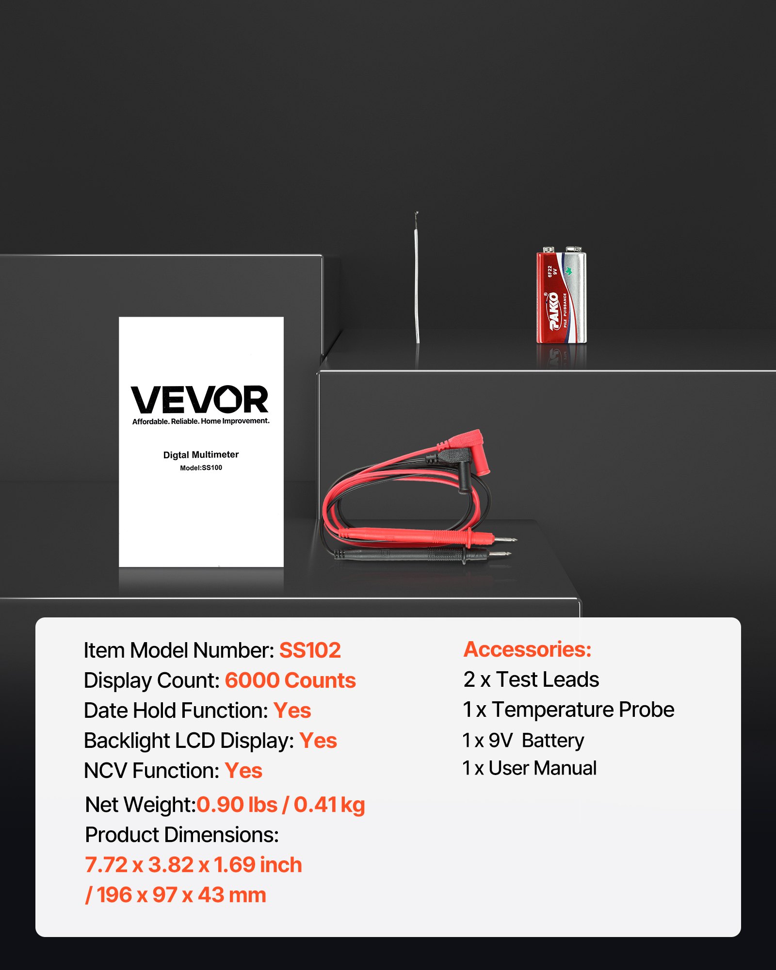 VEVOR Digital Multimeter, 6000-Count TRMS DC/AC Voltmeter Current Tester, Professional NCV Multimeter for Current Voltage Resistance Capacitance Duty-Cycle Tempetature Diodes Continuity Live Wire Test