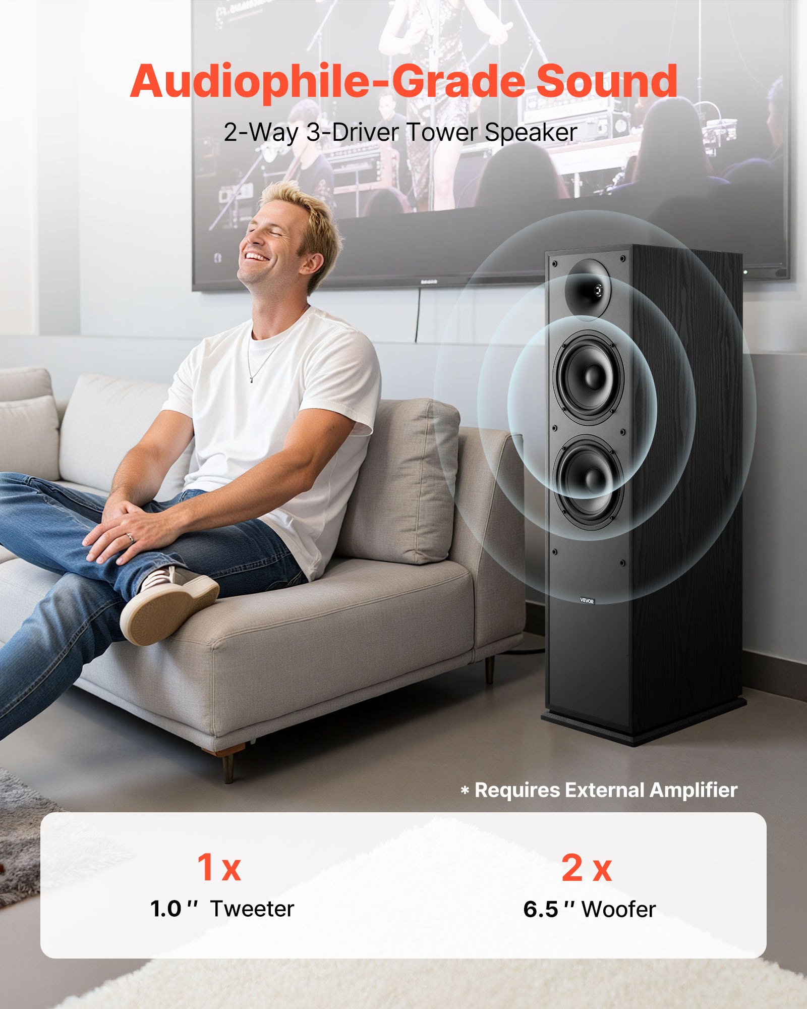 VEVOR Altoparlante da Pavimento Passivo, Altoparlante a Torre a 2 Vie con Doppi Woofer da ca. 165 mm, Picco da 400 W, Involucro in MDF, Risposta in Frequenza da 65 Hz a 20 kHz, per Audio Domestico, Coppia