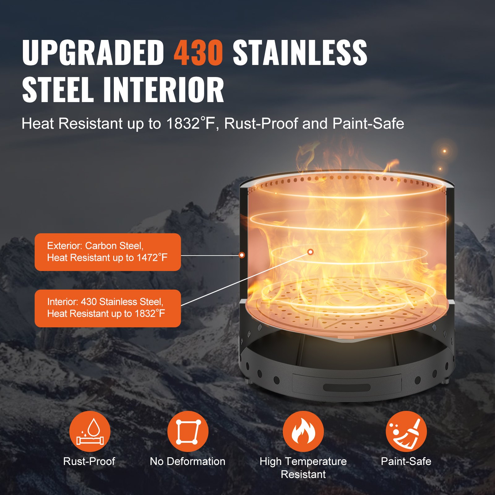 VEVOR Smokeless Fire Pit Stove, Campfire, H: 32 cm x D: 38 cm, Wood Fireplace with Removable Ash Pan, Portable Outdoor Fire Pit Made of SUS430 Stainless Steel, Ideal for Camping on the Patio