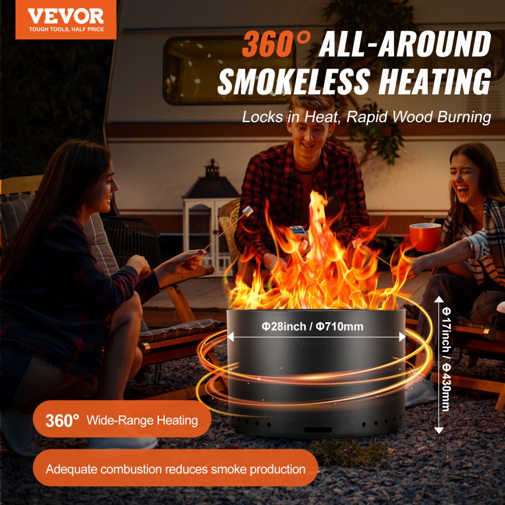VEVOR Smokeless Fire Pit Stove, Campfire, H: 18 inches x Diameter: 28 inches, Wood Fireplace with Removable Ash Pan, Portable Outdoor Fire Pit Made of SUS430 Stainless Steel, for Camping on the Patio, Black