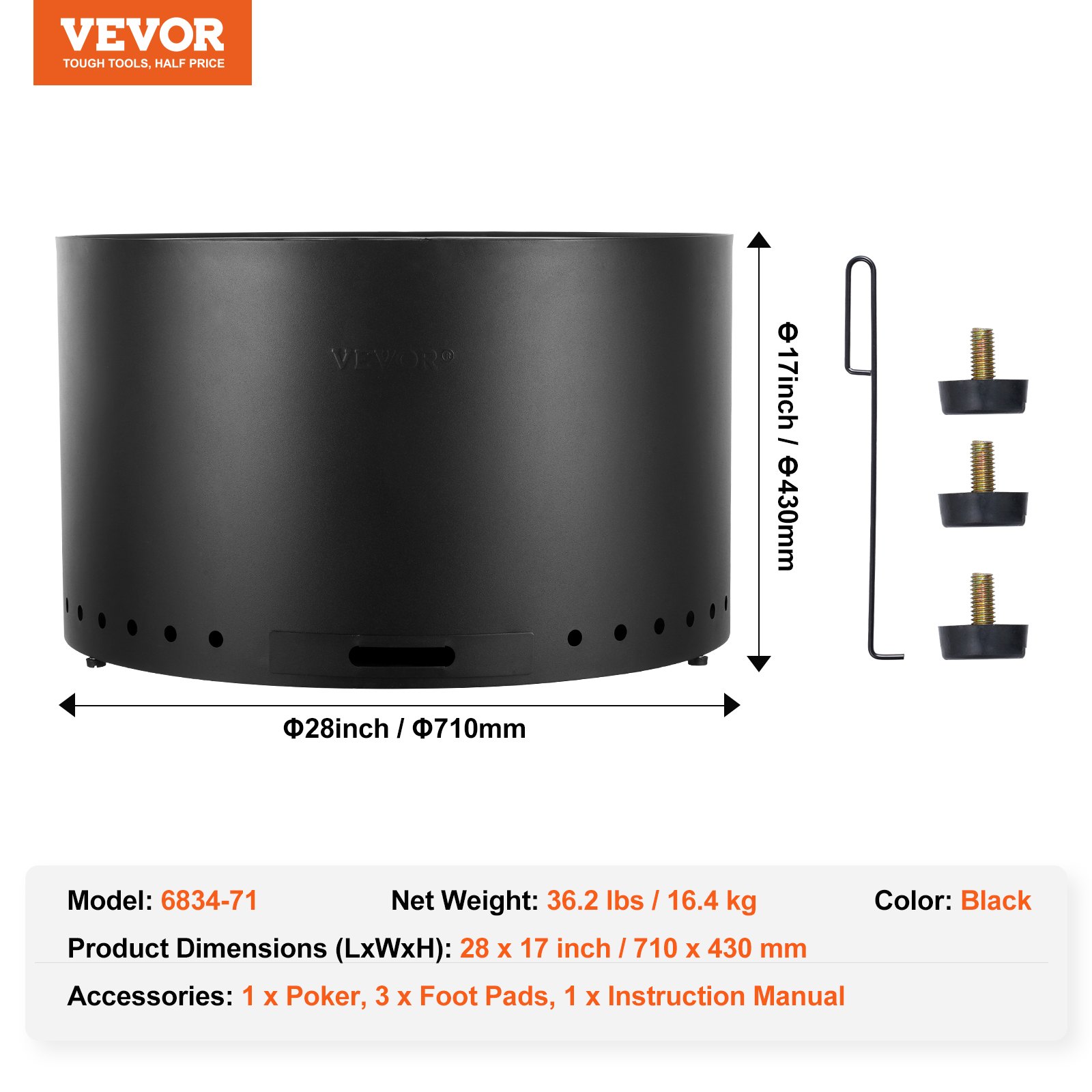 VEVOR Braciere a Legna Senza Fumo, 710x450mm, Braciere con Portacenere Rimovibile, Braciere da Esterno Portatile per Interni in Acciaio Inox SUS430, per Giardino Cortile Campeggio da Esterno