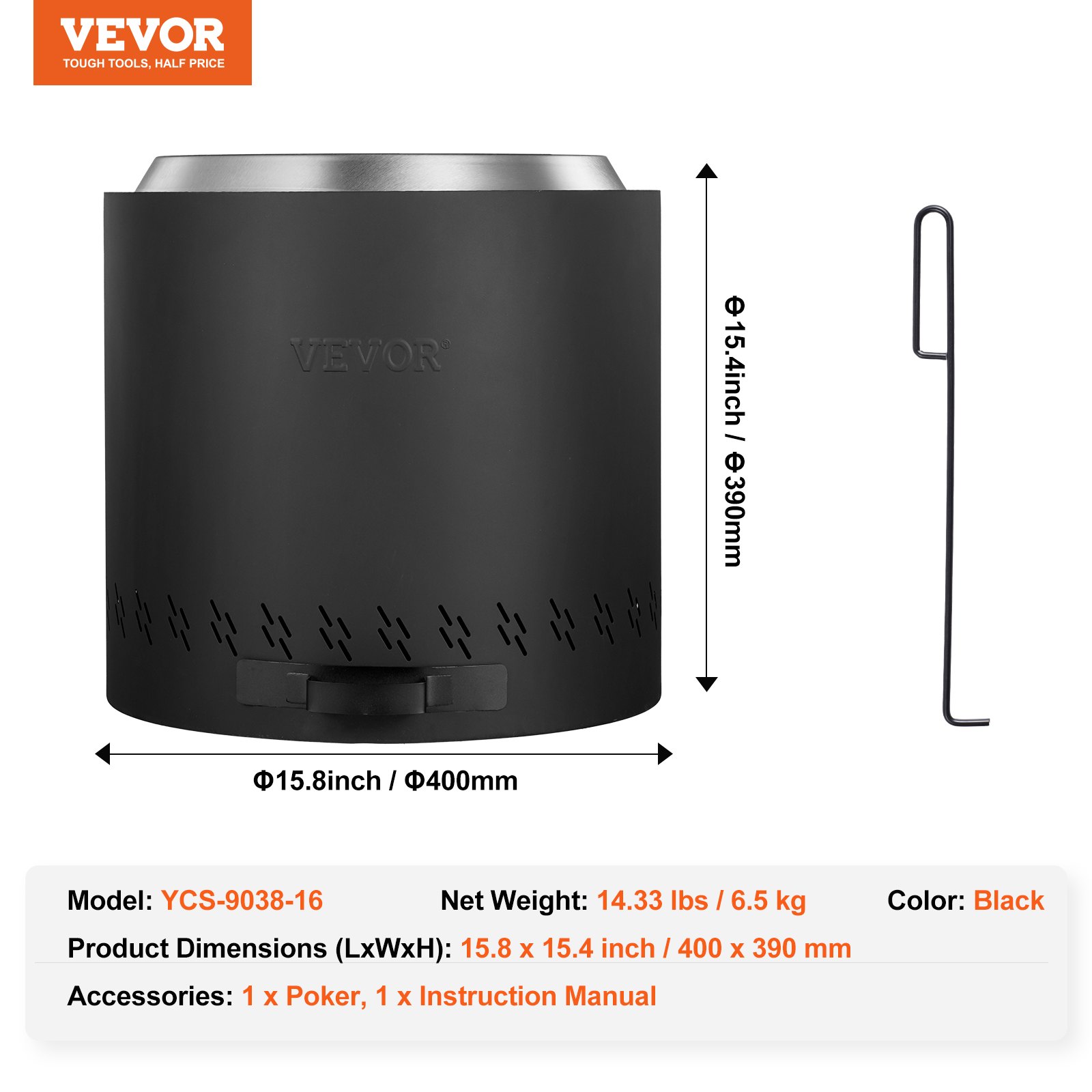 VEVOR Braciere Senza Fumo 400 x 390 mm Braciere da Esterni con Cassetto Cenere Rimovibile, Braciere Portatile 6,5 kg Interno in Acciaio Inossidabile SUS430, per Campeggio all'Aperto in Patio, Nero