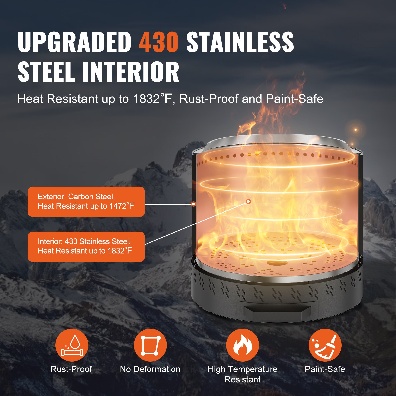VEVOR Smokeless Fire Pit Stove, Campfire, H: 39.4 cm x Diameter: 39.6 cm, Wood Fireplace with Removable Ash Pan, Portable Fire Pit Made of SUS430 Stainless Steel, for Camping on the Patio Outdoors