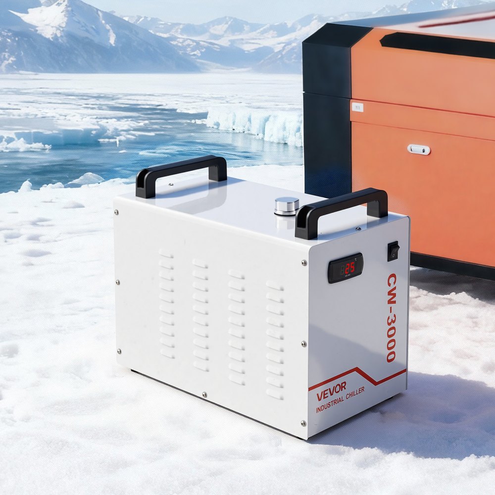 VEVOR Refrigeratore d'Acqua Industriale per Macchina per Incisione Laser CW-3000, Sistema di Raffreddamento ad Acqua Industriale per Incisione e Taglio Laser da 65W, Capacità 9 L, Portata Max 10 L/min