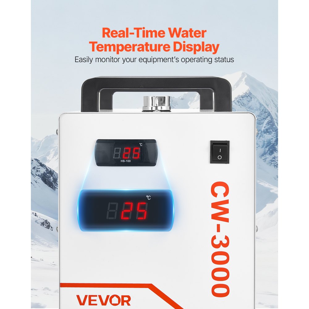 VEVOR Refrigeratore d'Acqua Industriale CW-3000, Sistema di Raffreddamento ad Aria con Serbatoio da 9 L, Portata Massima 10 L/min, con Ventilatore ad Alta Velocità, per Macchine per Incisione da 40–60 W