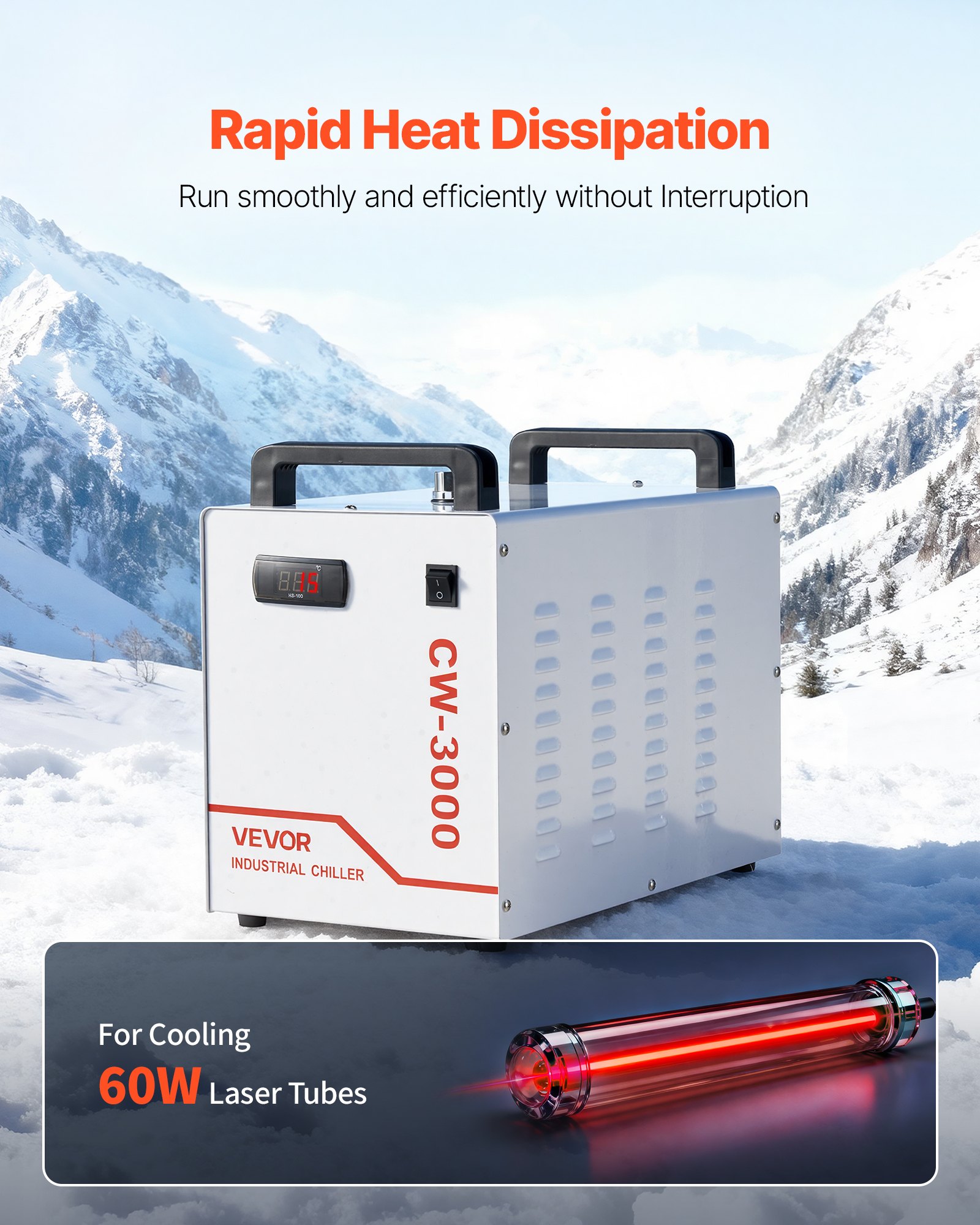 VEVOR Refrigeratore d'Acqua Industriale per Macchina per Incisione Laser CW-3000, Sistema di Raffreddamento ad Acqua Industriale per Incisione e Taglio Laser da 65W, Capacità 9 L, Portata Max 10 L/min