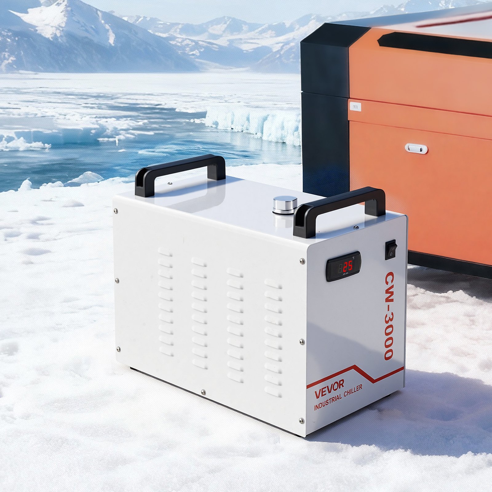 VEVOR Refrigeratore d'Acqua Industriale per Macchina per Incisione Laser CW-3000, Sistema di Raffreddamento ad Acqua Industriale per Incisione e Taglio Laser da 65W, Capacità 9 L, Portata Max 10 L/min
