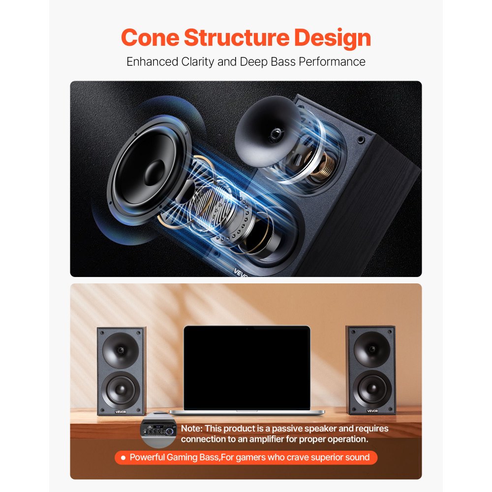 VEVOR Diffusore da Scaffale 300 W, Altoparlante Stereo da Scrivania 150 x 189 x 280 mm Griglia Rimovibile, Risposta in Frequenza 70 Hz-20 kHz, Cassa in Legno, Altoparlante da Scaffale Casa