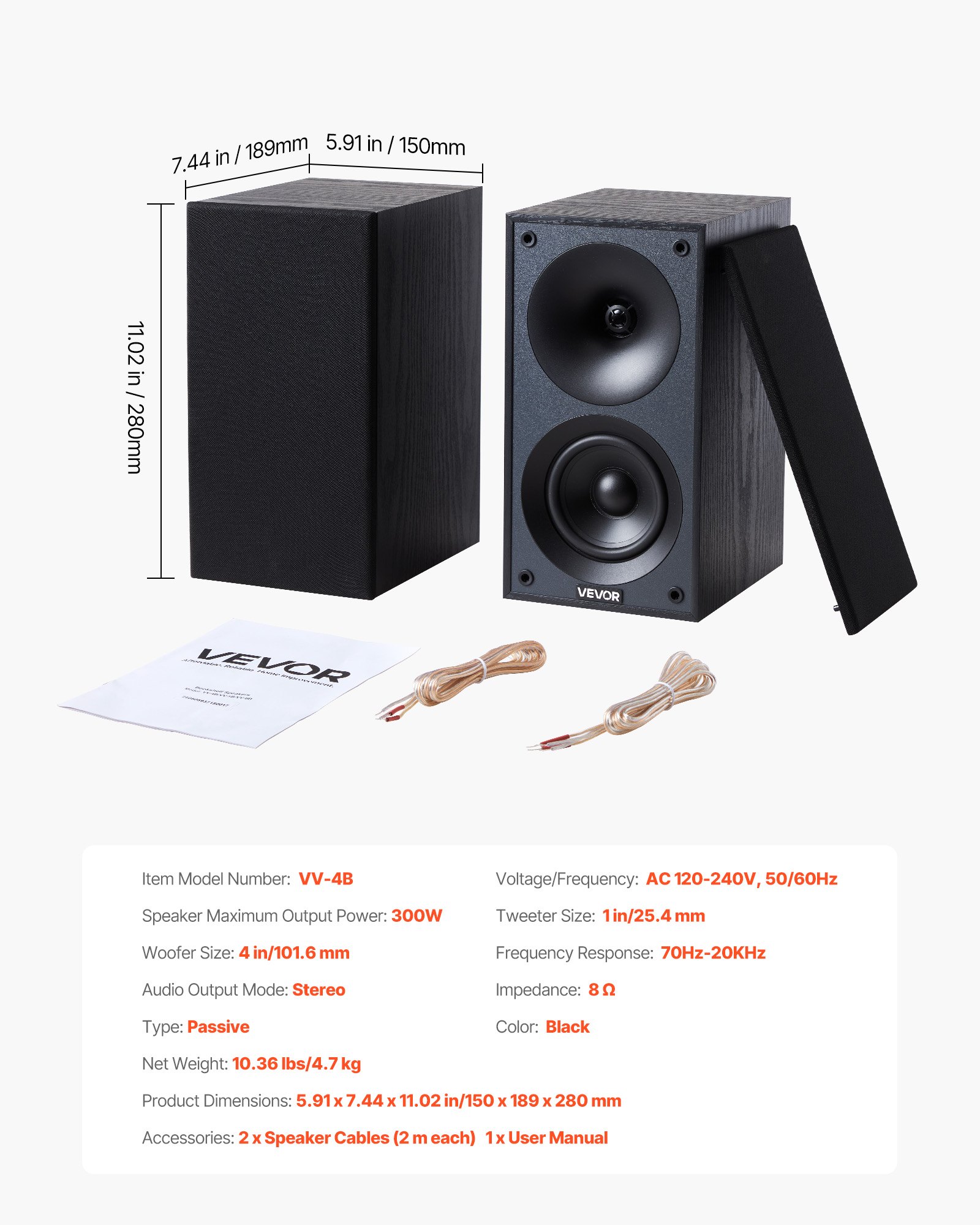 VEVOR Diffusore da Scaffale 300 W, Altoparlante Stereo da Scrivania 150 x 189 x 280 mm Griglia Rimovibile, Risposta in Frequenza 70 Hz-20 kHz, Cassa in Legno, Altoparlante da Scaffale Casa