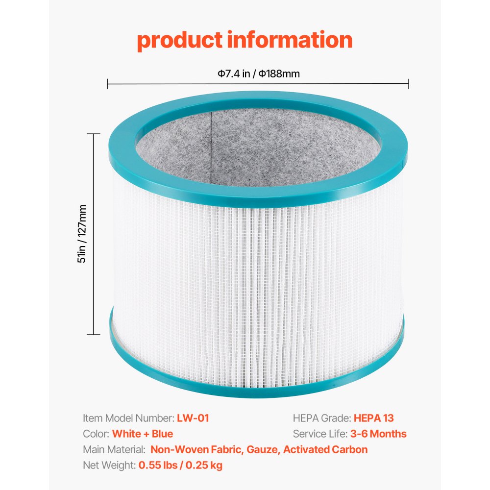 VEVOR replacement filter φ188x127 mm, multi-layer air purifier filter replacement with high-density HEPA and activated carbon, ideal for trapping pollen, pet hair, smoke and harmful odors
