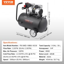 VEVOR Compressore d'Aria 30 L Compressore d'Aria Senza Olio per Riparazioni Auto